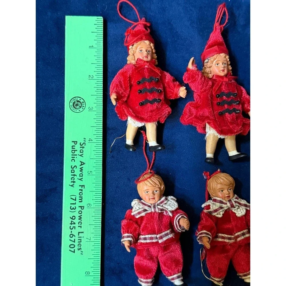 Vintage Red Velvet Christmas Ornaments Set of 6 Victorian Style Boy Girl Figures